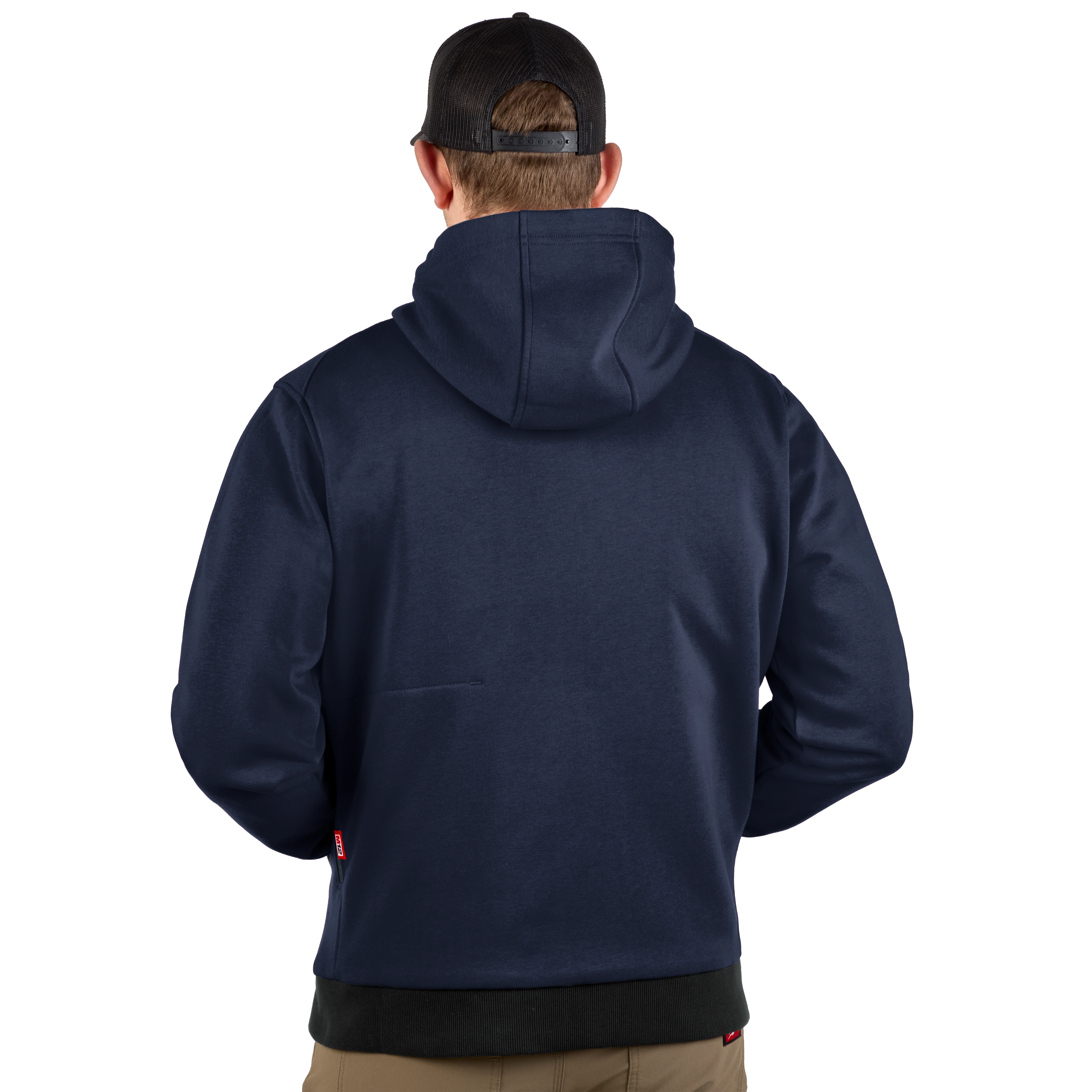 A person wearing a black cap is seen from the back, modeling a navy blue M12™ Heated Hoodie. The hoodie features a hood and long sleeves, designed to provide warmth.