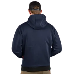 A person wearing a black cap is seen from the back, modeling a navy blue M12™ Heated Hoodie. The hoodie features a hood and long sleeves, designed to provide warmth.