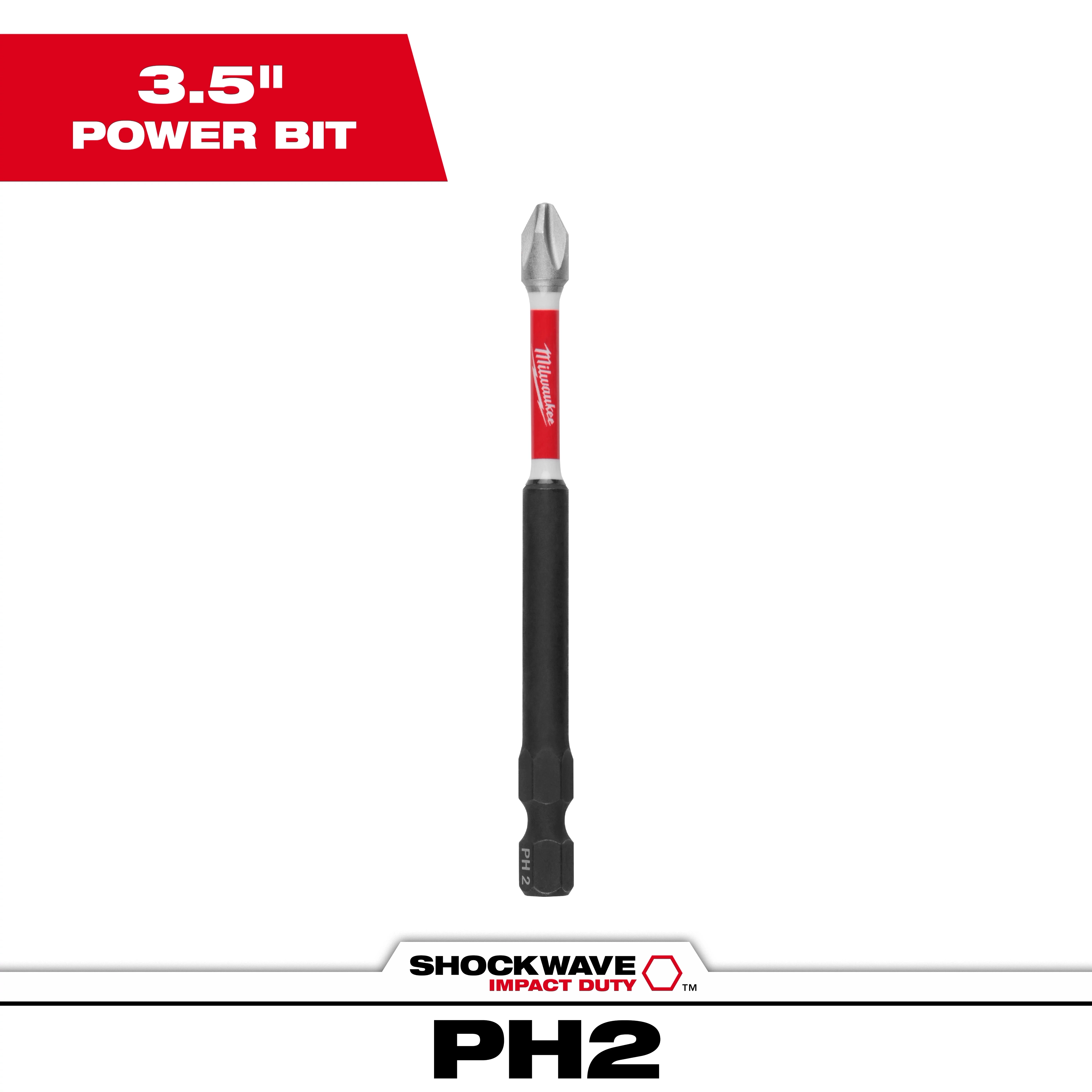 The product image shows the SHOCKWAVE™ 3.5-inch Impact Duty Phillips #3 Power Bit. The bit is black with a red stripe, featuring the Milwaukee logo, designed for heavy-duty applications. The text highlights its length of 3.5 inches and PH2 specification for precision driving.