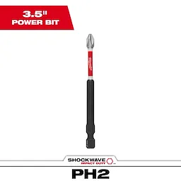 The product image shows the SHOCKWAVE™ 3.5-inch Impact Duty Phillips #3 Power Bit. The bit is black with a red stripe, featuring the Milwaukee logo, designed for heavy-duty applications. The text highlights its length of 3.5 inches and PH2 specification for precision driving.