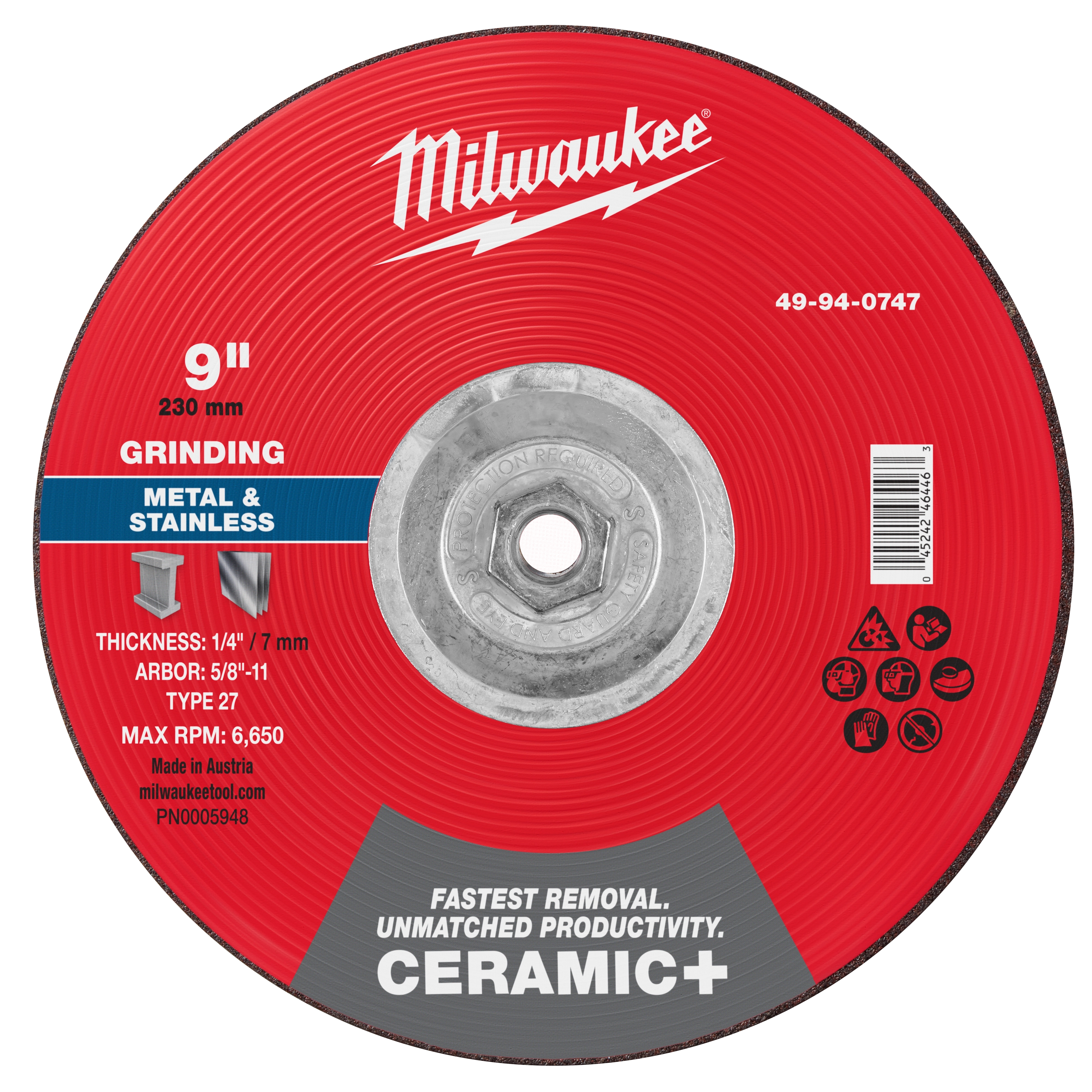 Nine-inch grinding wheel for metal and stainless steel, thickness 1/4", arbor 5/8"-11, Type 27, max RPM 6,650, Ceramic+.
