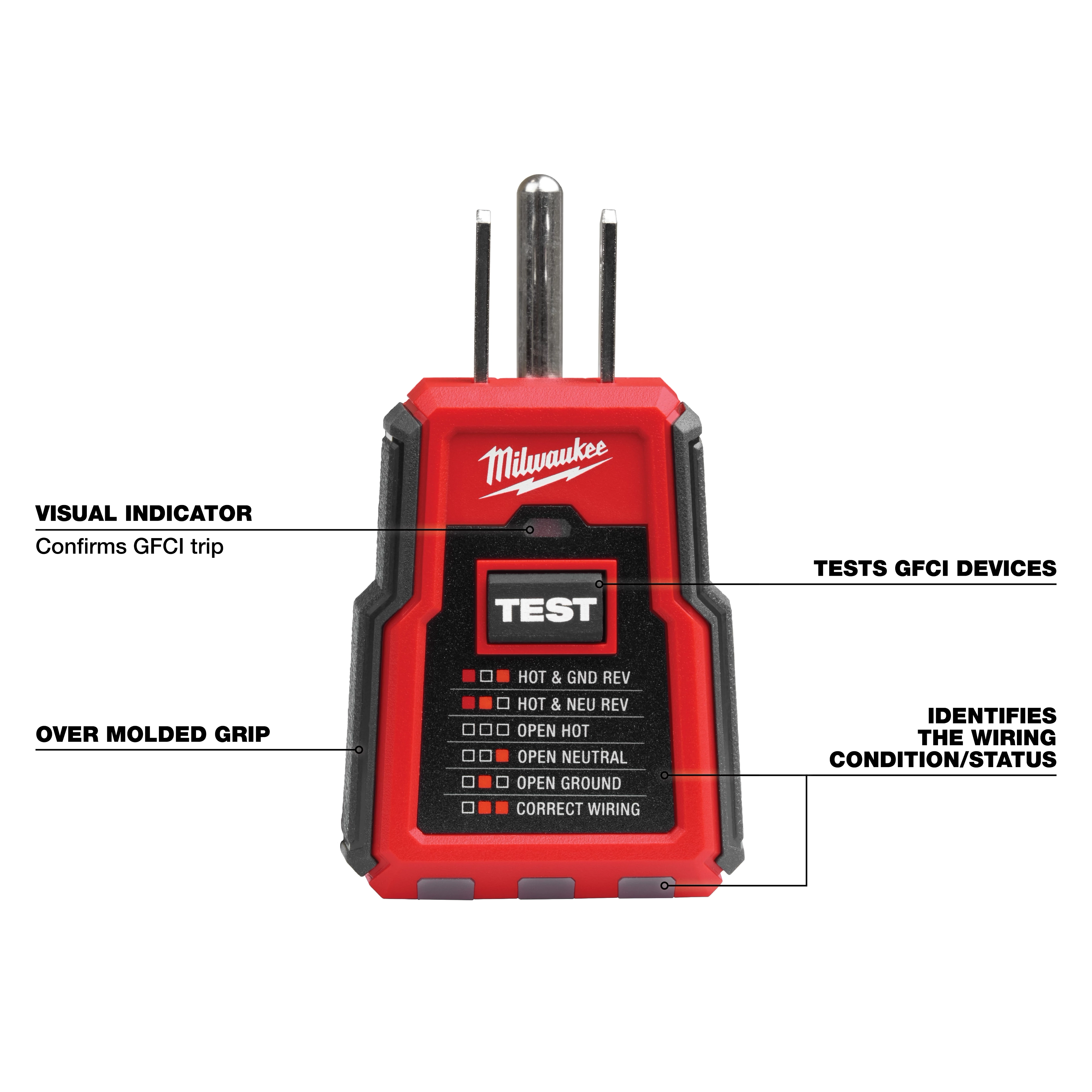 Red Circuit Breaker Finder w/ LED features a visual indicator for GFCI trip, tests GFCI devices, and identifies wiring status.