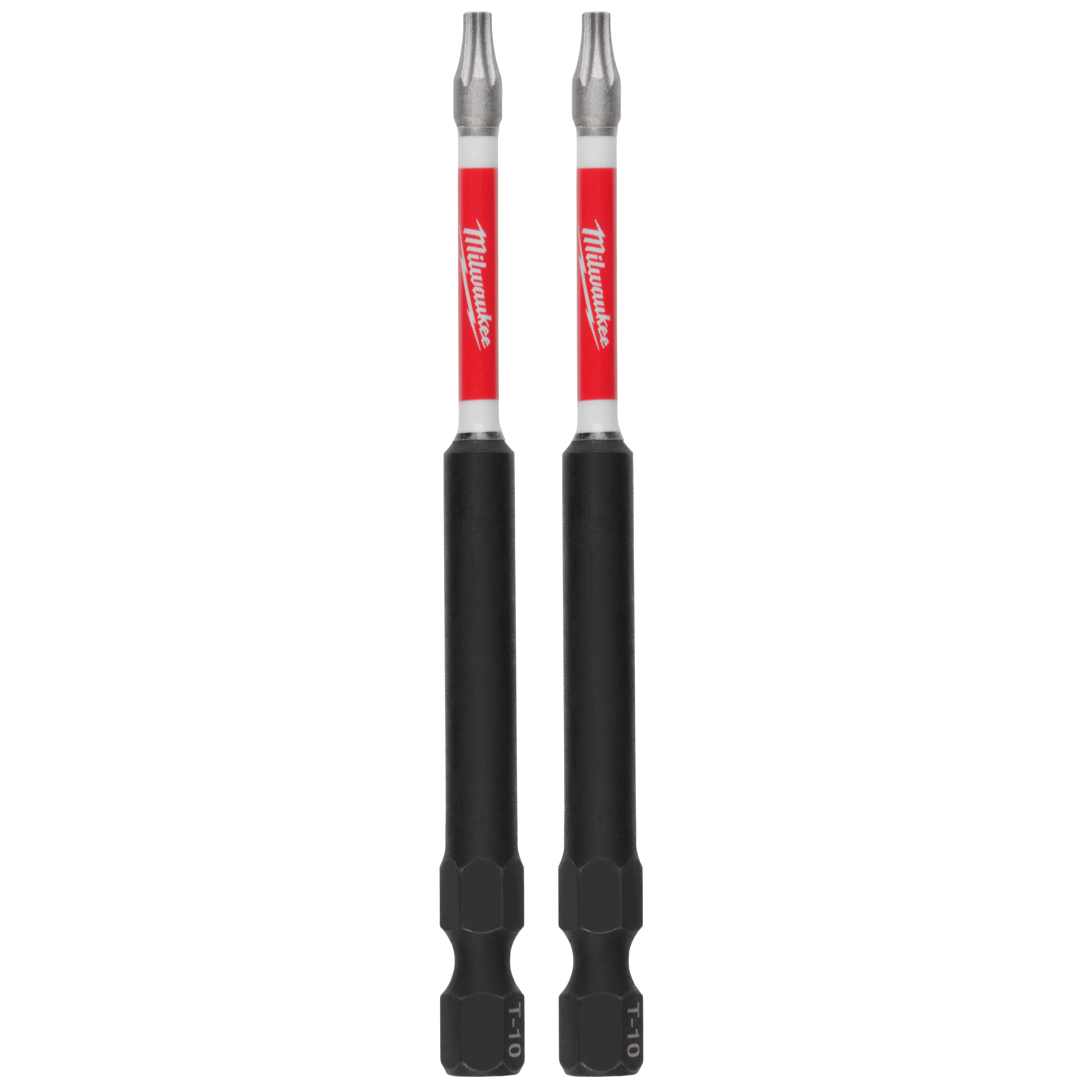 The image shows two SHOCKWAVE™ 3-1/2" Impact Duty T10 Bits (2 PK). These bits are designed for heavy-duty impact applications and are colored red and black with the "Milwaukee" logo.