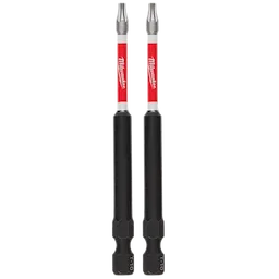 The image shows two SHOCKWAVE™ 3-1/2" Impact Duty T10 Bits (2 PK). These bits are designed for heavy-duty impact applications and are colored red and black with the "Milwaukee" logo.