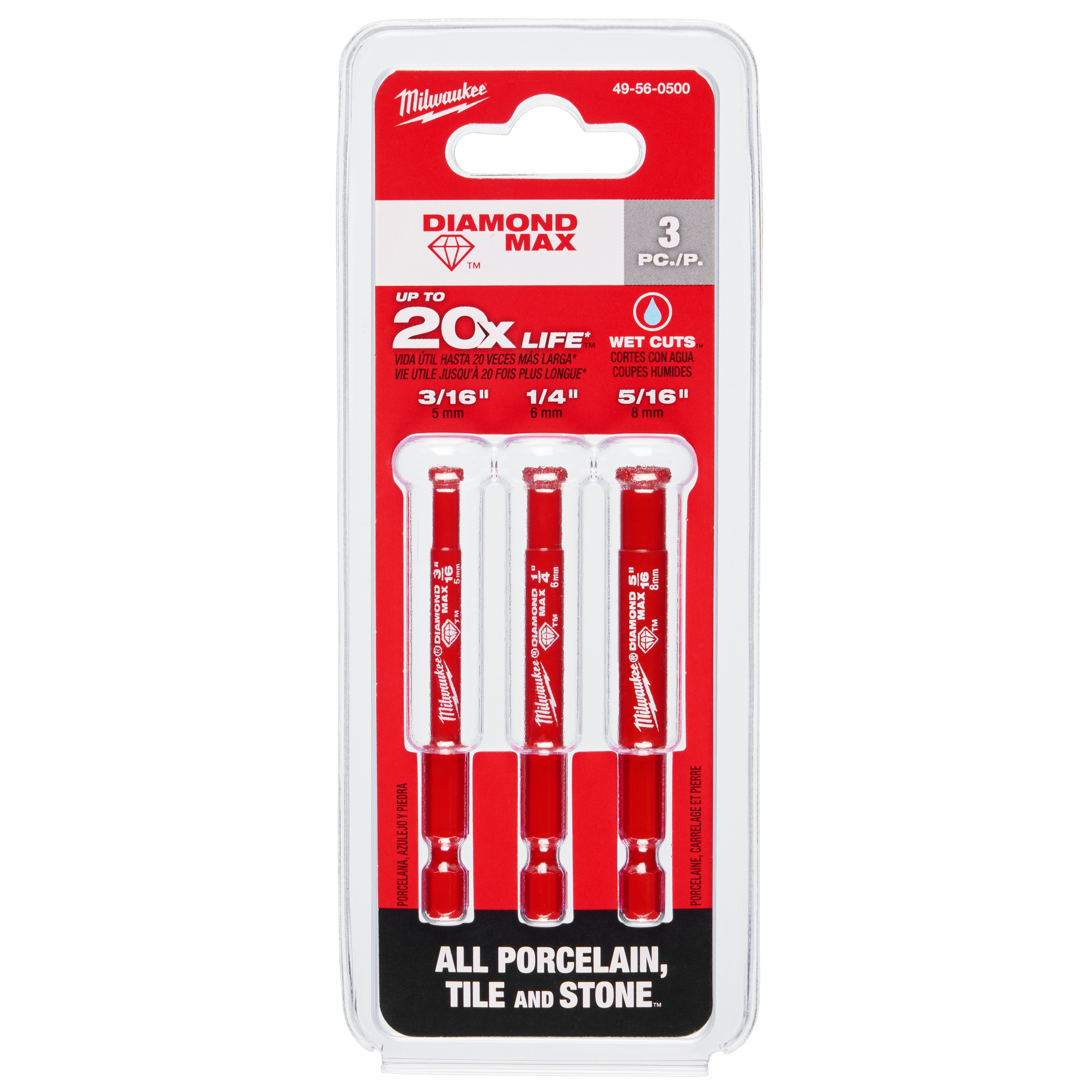 DIAMOND MAX Diamond Grit Hole Saw 3 PC Set in red packaging, includes three bits for cutting porcelain, tile, and stone.