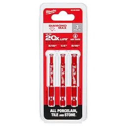 DIAMOND MAX Diamond Grit Hole Saw 3 PC Set in red packaging, includes three bits for cutting porcelain, tile, and stone.