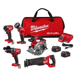 Milwaukee M18 FUEL™ 5 PC Combo Kit includes a drill, impact driver, circular saw, reciprocating saw, and work light. Accessories include two batteries, charger, and large red carrying bag. All tools feature red and black color scheme and Milwaukee branding, designed for various construction and DIY tasks.