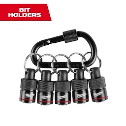 The 5PC Bit Holder with Carabiner from Milwaukee features five bit holders attached to a black carabiner. Each bit holder is metallic black with red accents and labeled with the Milwaukee logo, enabling convenient tool organization and easy access.
