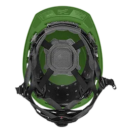 The BOLT™ Green Front Brim Safety Helmet w/ 4pt Ratcheting Suspension - Type 2, Class E is displayed from an interior view, featuring the black adjustable ratcheting suspension system and padded support inside the green helmet shell. The helmet ensures enhanced safety and comfort for various work environments.