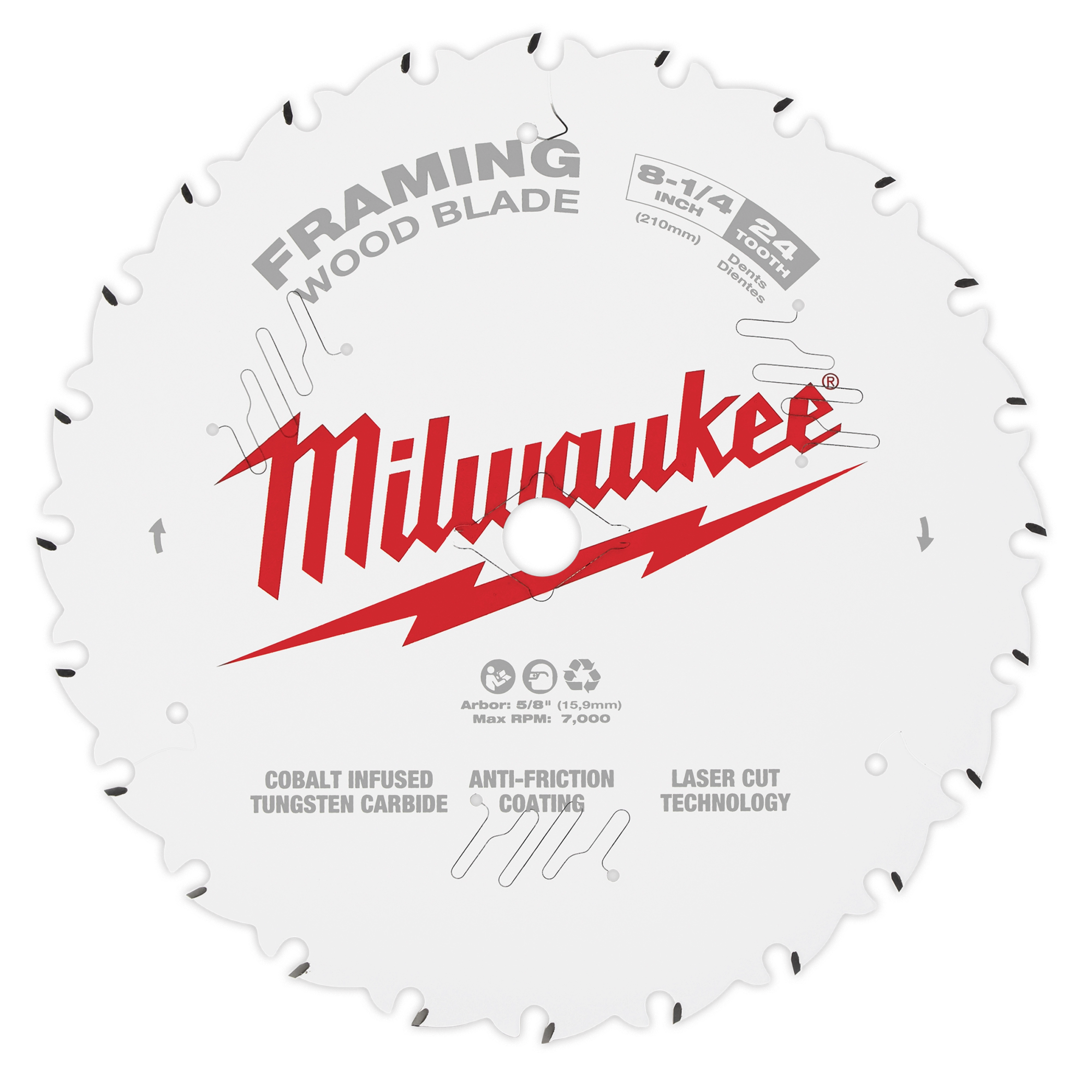 Milwaukee 8-1/4 inch 24-tooth Circular Saw Blade for framing, compatible with 5/8 inch arbor, featuring cobalt-infused tungsten carbide and anti-friction coating.