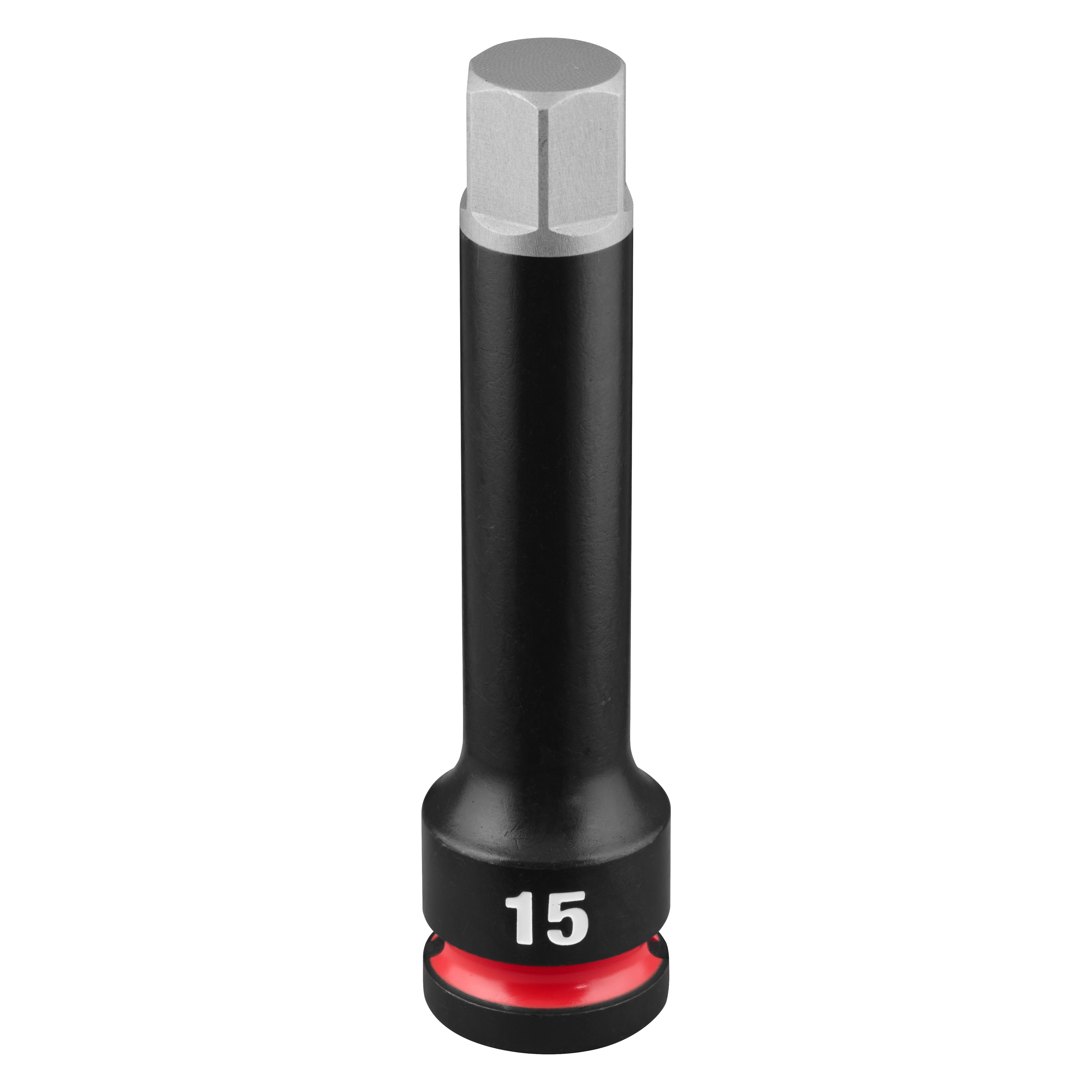 SHOCKWAVE Impact Duty 1/2" Drive 4" Hex 15mm Bit Socket standing upright with a 15 marking and red ring near the base.