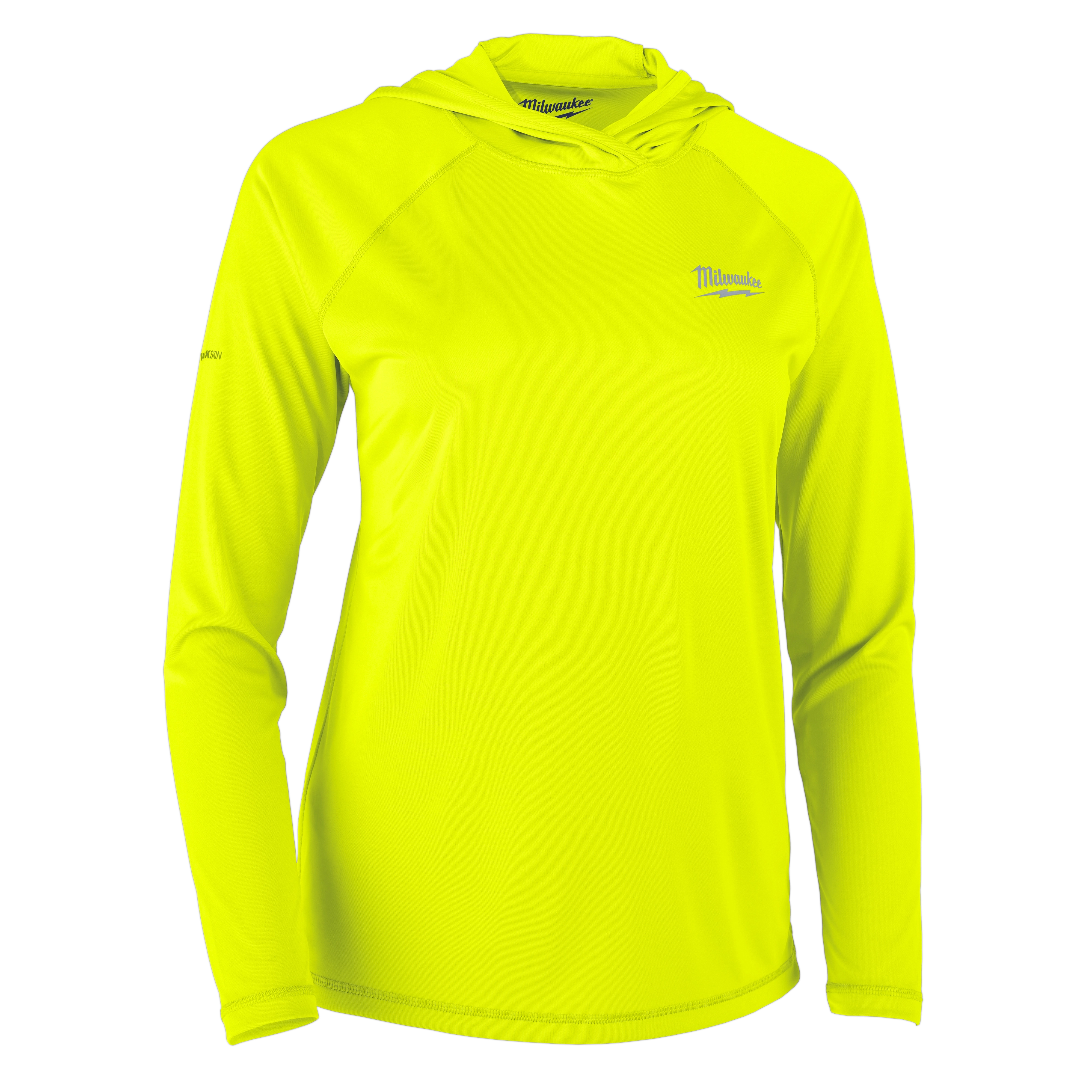 The image shows the Women's WORKSKIN™ Hooded Sun Shirt in yellow. It is a long-sleeve shirt with a hood and the Milwaukee logo on the left chest. The shirt is bright yellow, designed for sun protection.