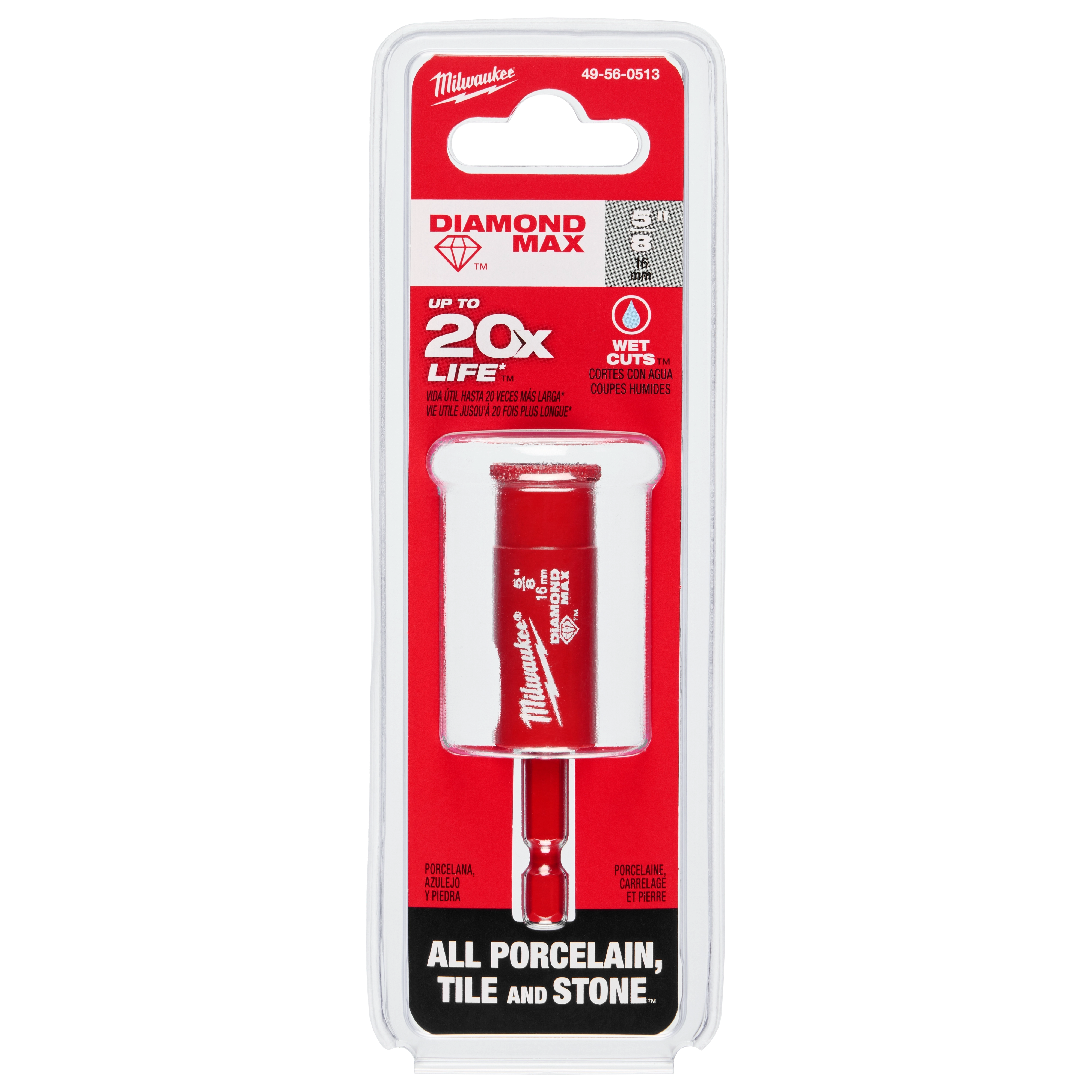 Milwaukee 5/8" Diamond Max Hole Saw in red packaging, designed for cutting porcelain, tile, and stone with wet cuts.