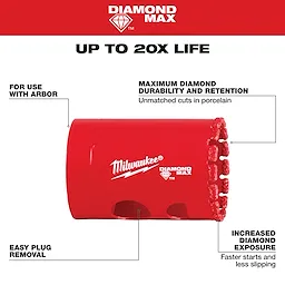 Red Milwaukee 1-3/8" Diamond Max Hole Saw with text highlighting its up to 20x longer life, diamond durability, easy plug removal, and increased diamond exposure.