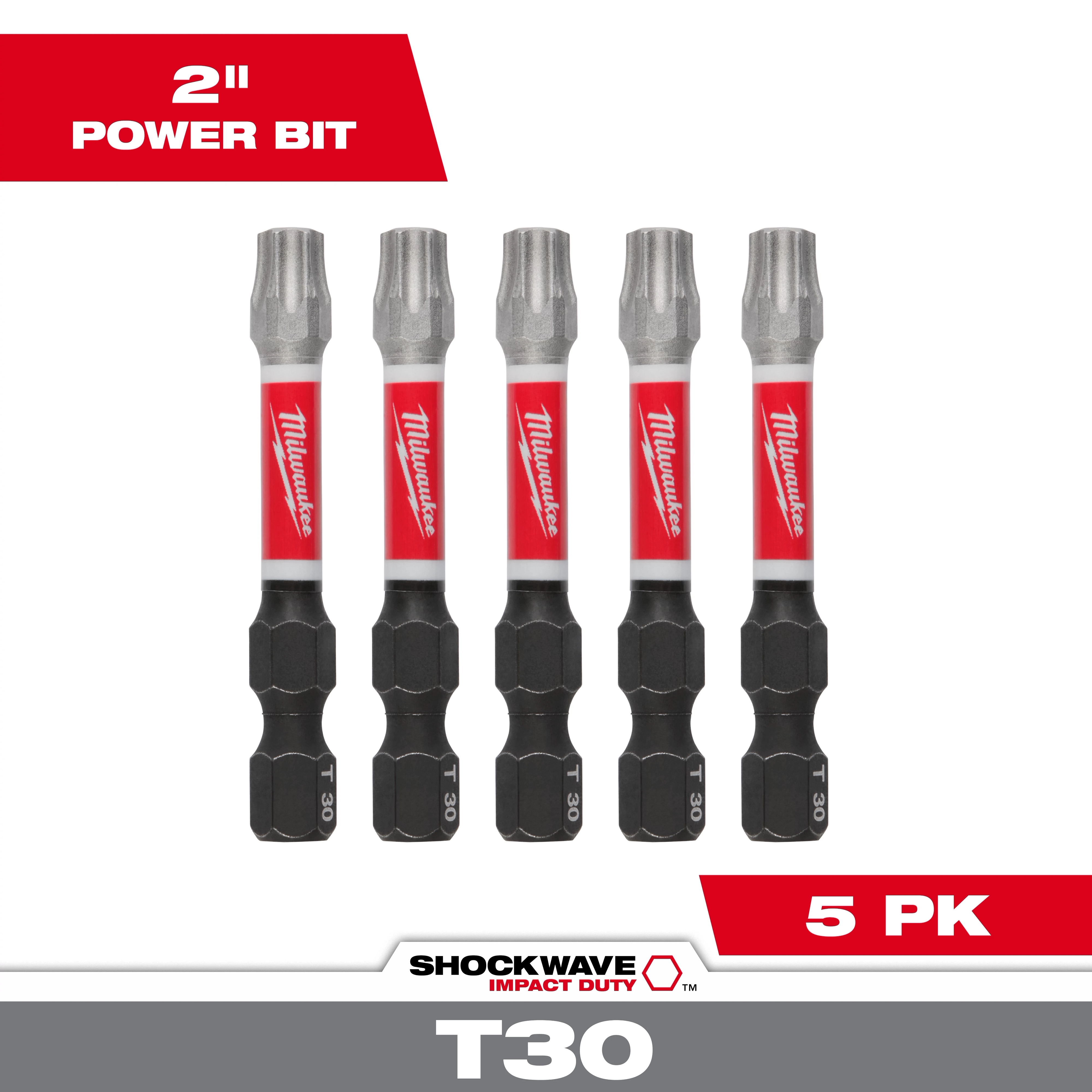 Image of SHOCKWAVE™ 2" Impact TORX® T30 Power Bits (5 PK). The product includes five power bits with red and black detailing, displaying the Milwaukee brand. The packaging indicates they are T30 size and suitable for impact duty. Text includes "2" Power Bit" and "5 PK".