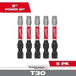 Image of SHOCKWAVE™ 2" Impact TORX® T30 Power Bits (5 PK). The product includes five power bits with red and black detailing, displaying the Milwaukee brand. The packaging indicates they are T30 size and suitable for impact duty. Text includes "2" Power Bit" and "5 PK".