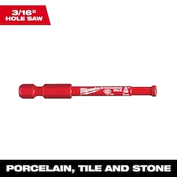 The 3/16" Diamond Max Hole Saw is a red drilling tool designed for use on porcelain, tile, and stone surfaces.