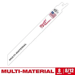 Milwaukee 8-inch multi-material saw blade with 8/12 teeth per inch, designed for versatile cutting. The blade features a white finish with red "Sawzall" branding and an American flag, indicating its made in the USA. Suitable for various materials, enhancing performance in different applications.
