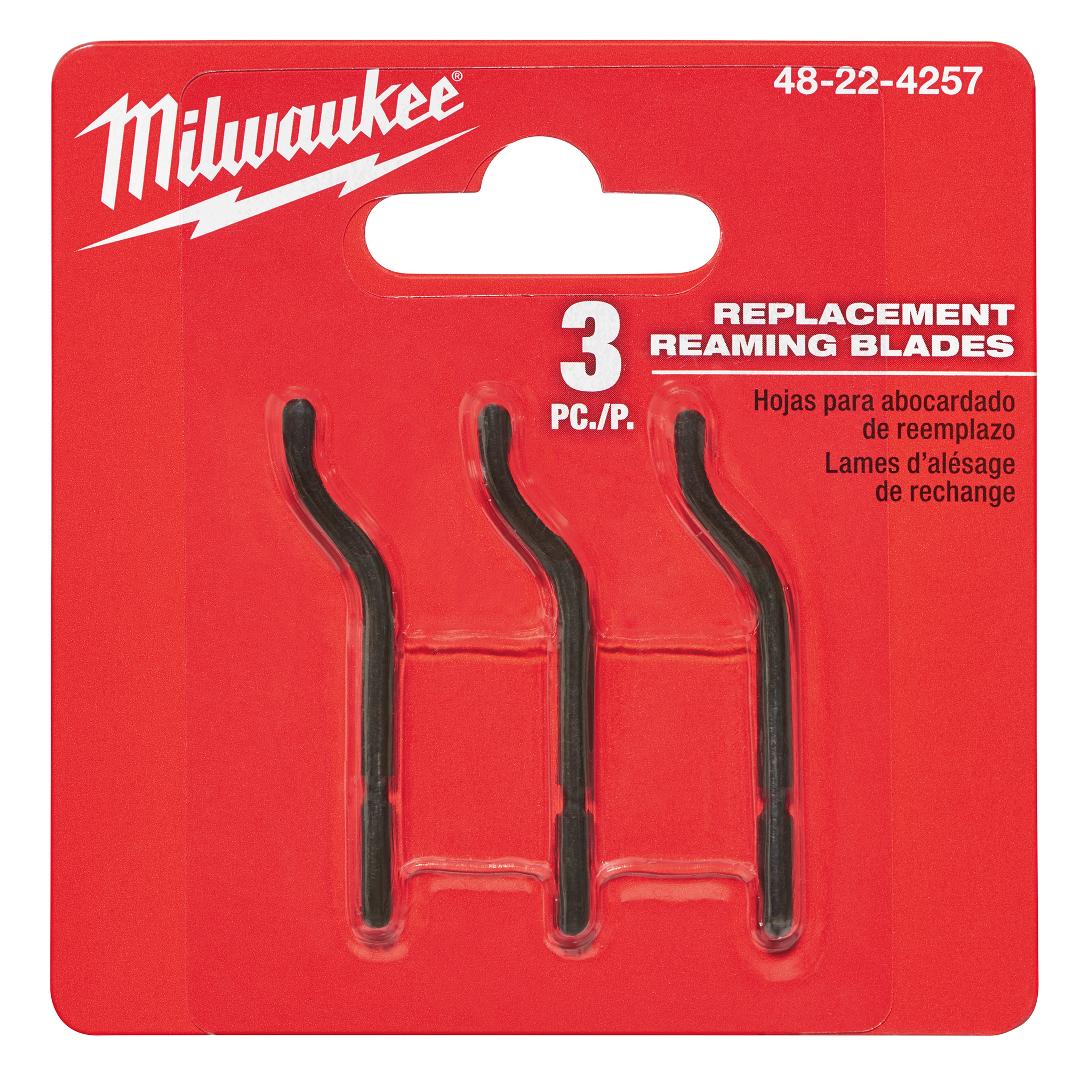 Milwaukee replacement reaming blades, 3 pieces per pack, displayed in red packaging with product number 48-22-4257.