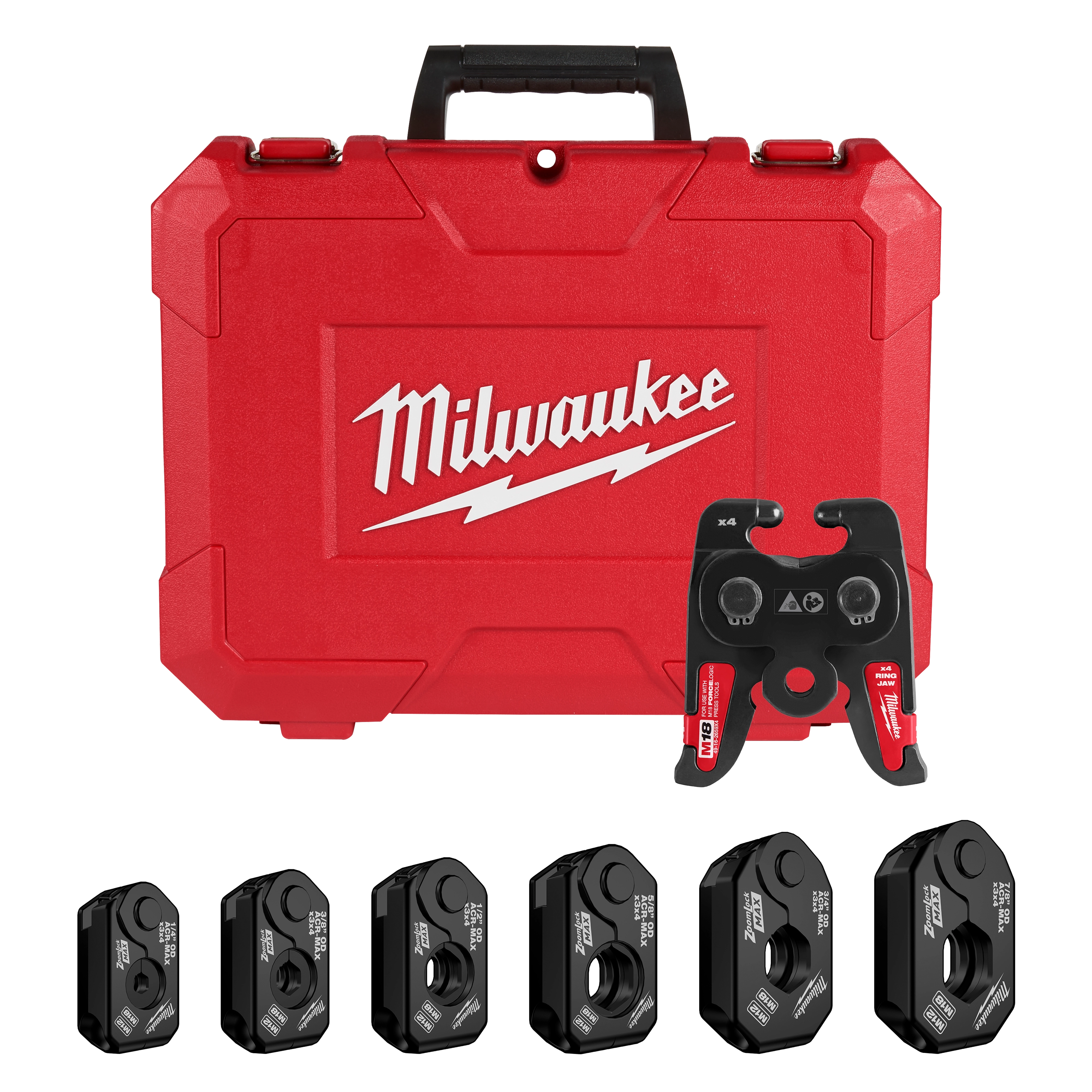 The image displays a ZoomLock MAX® & MaxiPro® Pivoting Press Ring Kit for M18™ FORCE LOGIC™ Press Tool by Milwaukee. The kit includes a red carrying case, a pivoting press ring, and six black press jaws of varying sizes lined up below the case.
