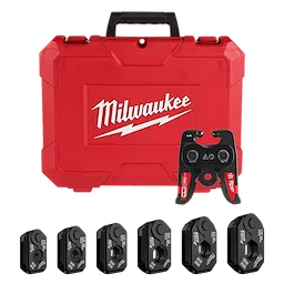 The image displays a ZoomLock MAX® & MaxiPro® Pivoting Press Ring Kit for M18™ FORCE LOGIC™ Press Tool by Milwaukee. The kit includes a red carrying case, a pivoting press ring, and six black press jaws of varying sizes lined up below the case.