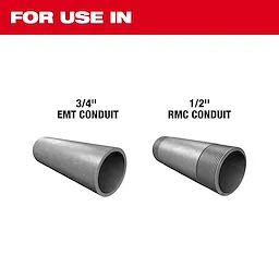 This image shows two conduits labeled for use with the 3/4” EMT and 1/2” RMC Conduit Bending Shoe. The left conduit is an EMT, and the right conduit is an RMC.