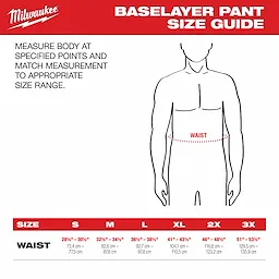 WORKSKIN Baselayer Pants size guide showing waist measurement ranges for sizes S to 3X. Measure body at specified points for accurate sizing.
