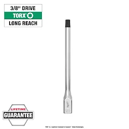 The image shows 1/4" Drive T50 Long TORX Bit Socket, designed for 3/8" drive, with a long reach, made with durable metal.