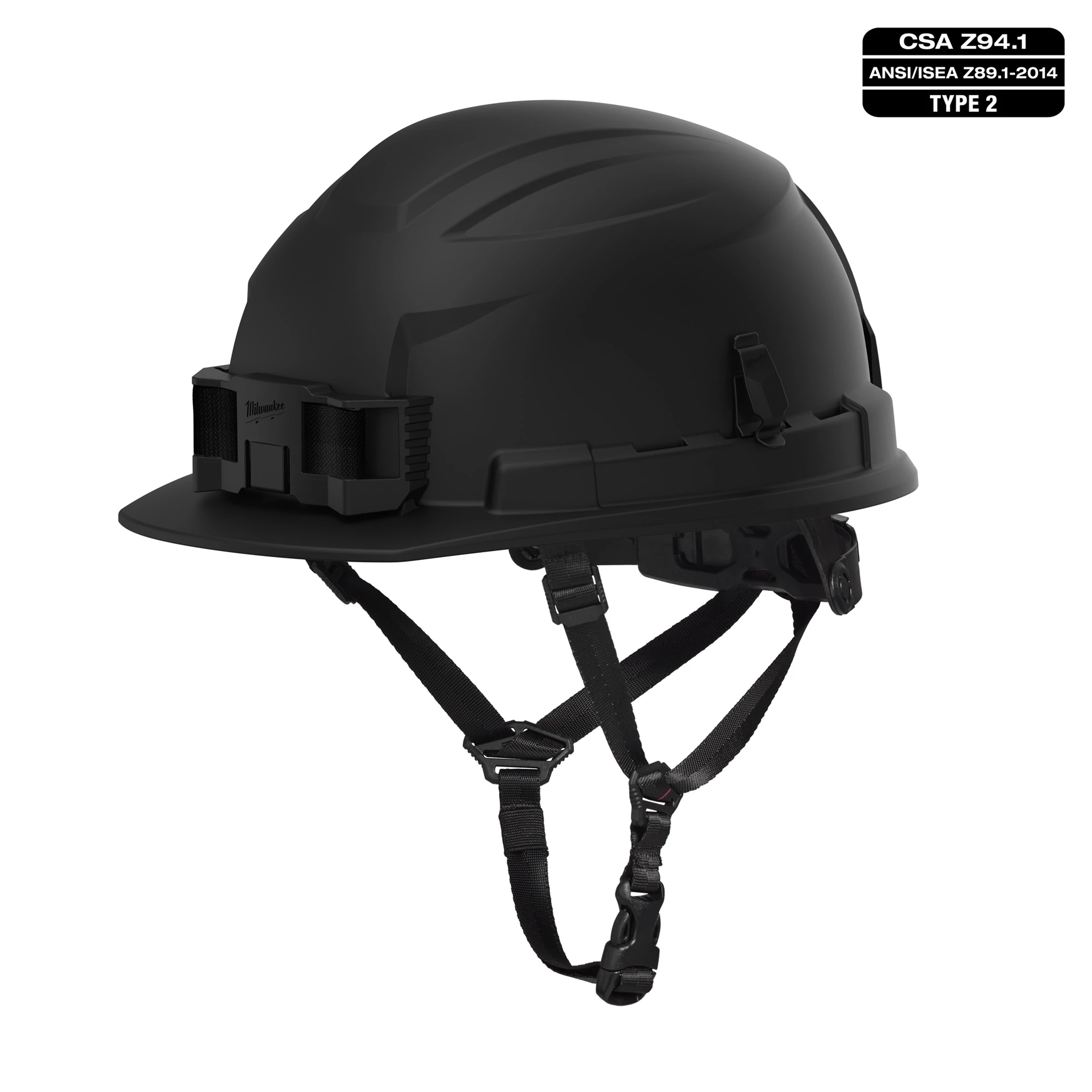 BOLT Black Front Brim Safety Helmet with 4-point Ratcheting Suspension, Type 2, Class E, shown with adjustable straps.
