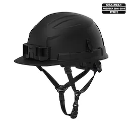 BOLT Black Front Brim Safety Helmet with 4-point Ratcheting Suspension, Type 2, Class E, shown with adjustable straps.