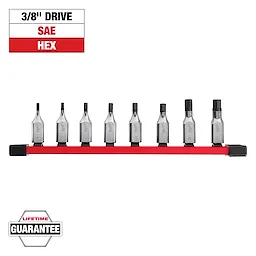 A set of 3/8" drive SAE hex bits mounted on a red rail is shown. The image includes the text "3/8" DRIVE SAE HEX" and a "LIFETIME GUARANTEE" badge in the lower left corner. The hex bits are aligned in size order.