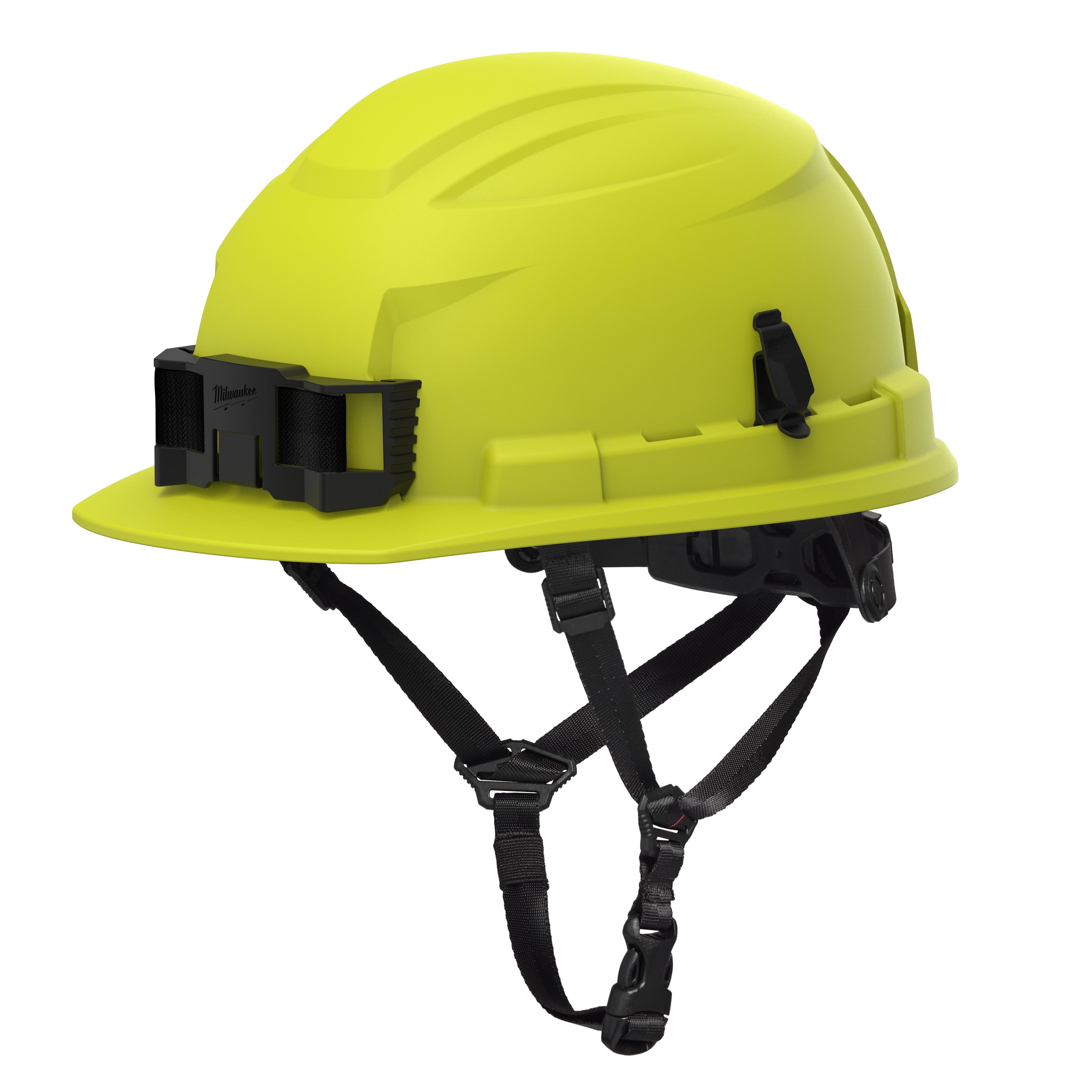 BOLT™ Hi-Viz Green Front Brim Safety Helmet features a 4-point ratcheting suspension and is classified as Type 2, Class E. The helmet is bright green with black adjustable straps and a front clip attachment.