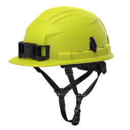 BOLT™ Hi-Viz Green Front Brim Safety Helmet features a 4-point ratcheting suspension and is classified as Type 2, Class E. The helmet is bright green with black adjustable straps and a front clip attachment.