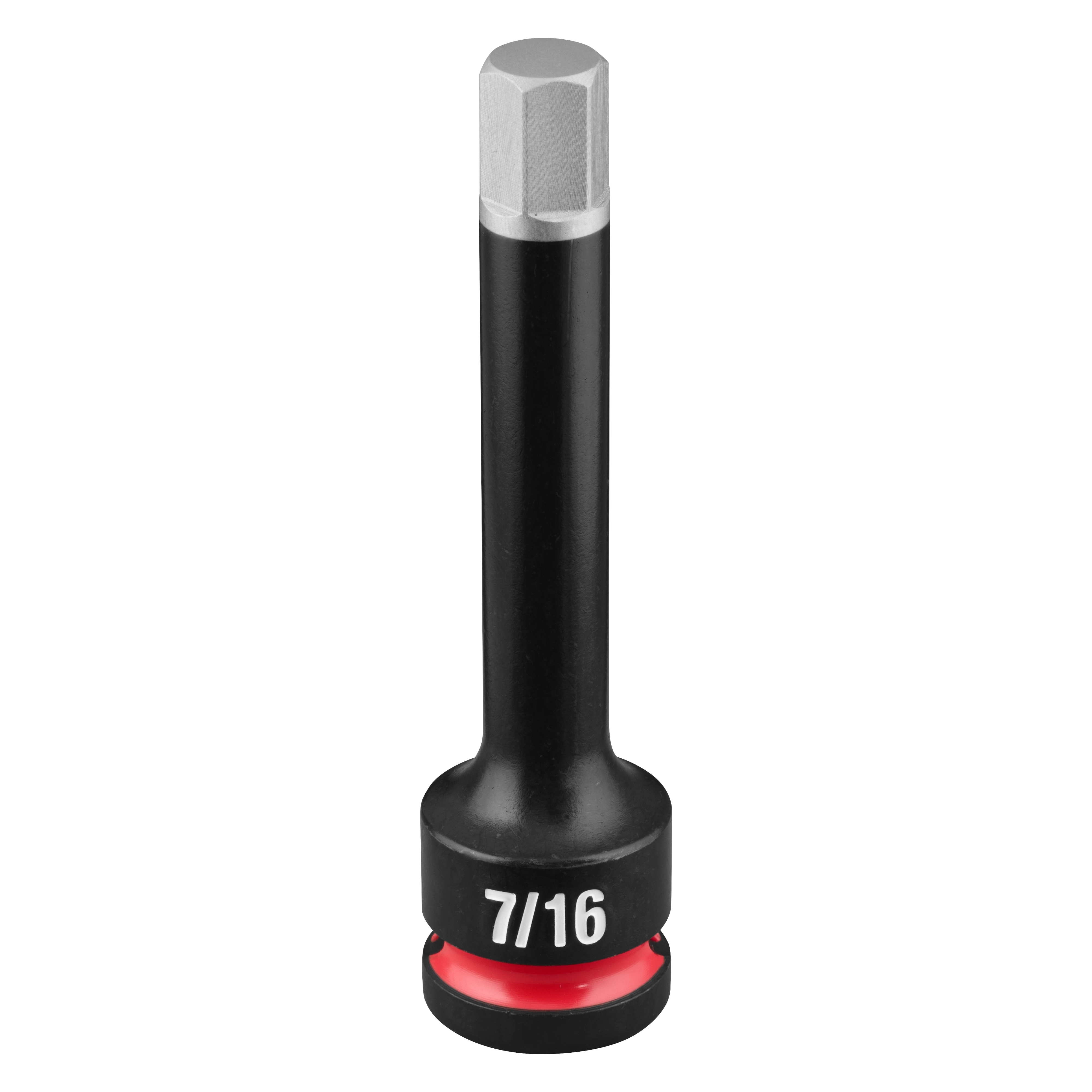 SHOCKWAVE Impact Duty 1/2" Drive 4" Hex 7/16" Bit Socket standing upright with 7/16 marking and red ring.