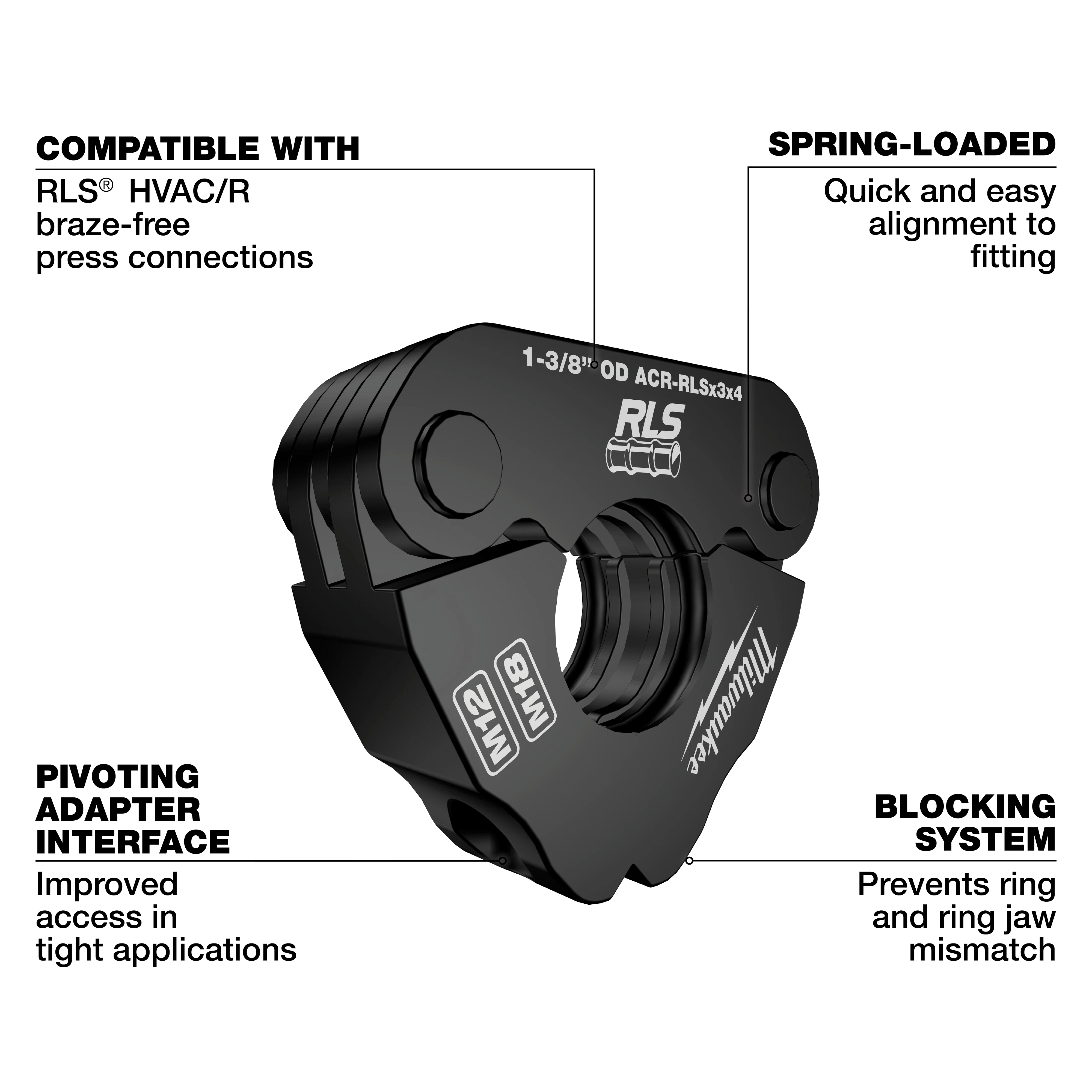 RLS® Pivoting Press Ring is designed for HVAC/R braze-free press connections. It features a spring-loaded mechanism for quick alignment, a pivoting adapter interface for tight spaces, and a blocking system to prevent mismatched rings and jaws.