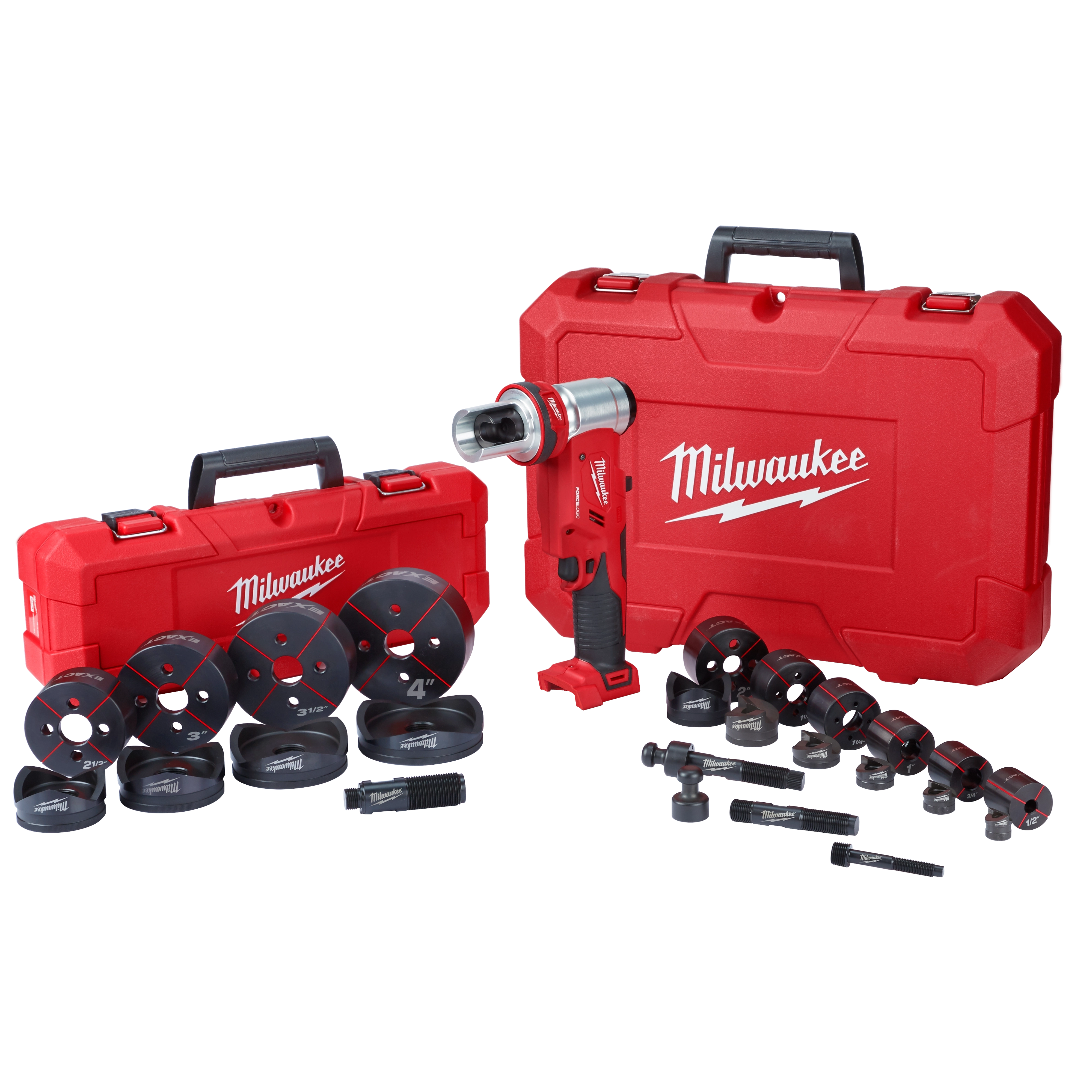 The M18™ FORCE LOGIC™ 6T Knockout Tool 1/2" - 4" w/ Punches & Dies includes a red cordless knockout tool, multiple size punches and dies, and two red carrying cases. The tool and accessories are designed for making holes in various materials efficiently.