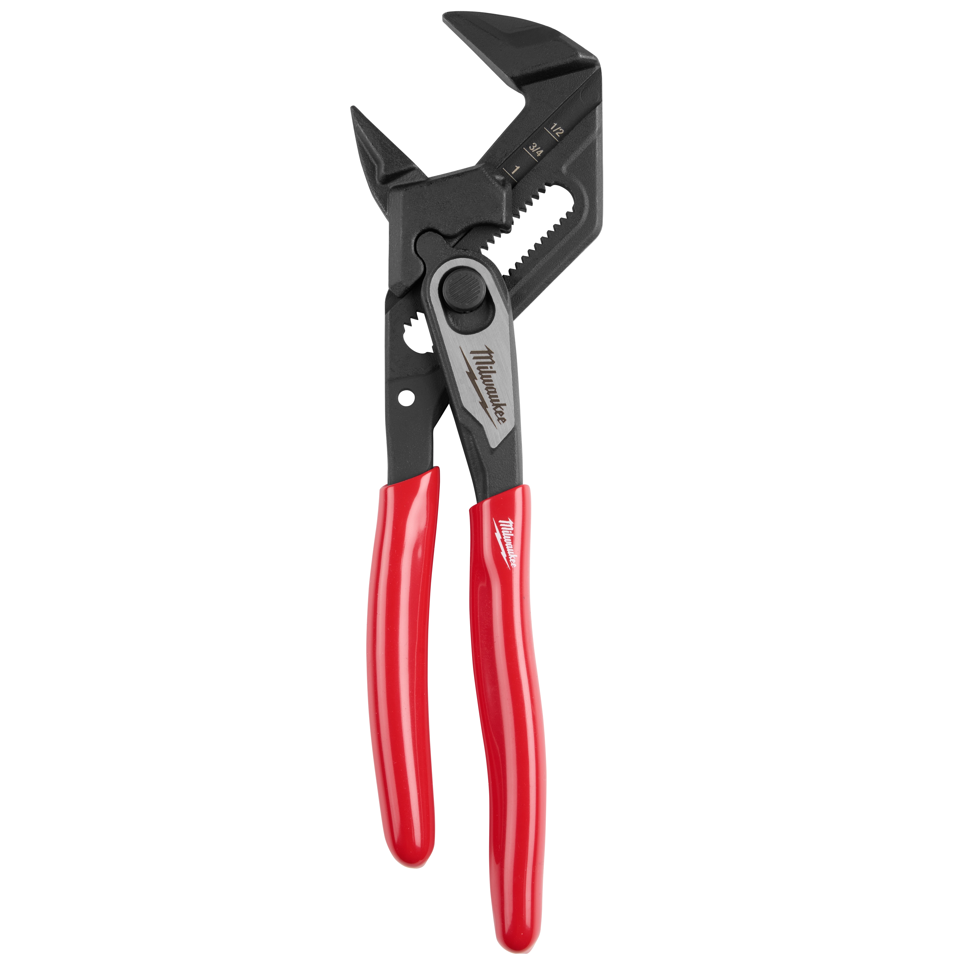 7" Pliers Wrench with red ergonomic handles and black metal, adjustable jaws featuring the Milwaukee logo on the grip.