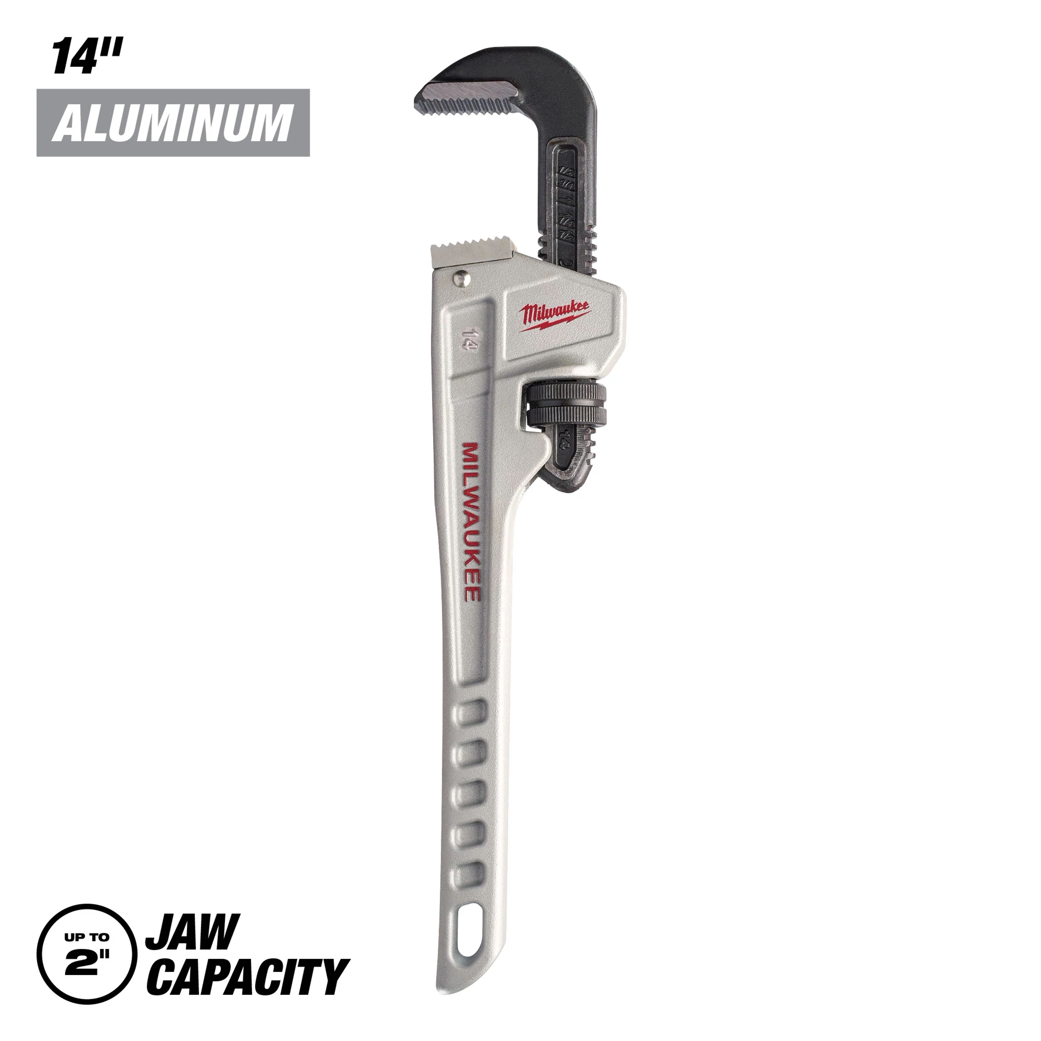 Milwaukee 14" aluminum pipe wrench with a jaw capacity of up to 2 inches. The wrench is lightweight and features a black adjustable jaw and a silver handle.