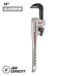 Milwaukee 14" aluminum pipe wrench with a jaw capacity of up to 2 inches. The wrench is lightweight and features a black adjustable jaw and a silver handle.
