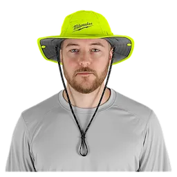 The WORKSKIN Sunshade Hat is a high-visibility green hat with a wide brim and adjustable chin strap.
