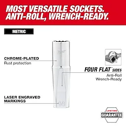 The image shows a chrome-plated 12PT Metric Socket with laser engraved markings and four flat sides for anti-roll and wrench-ready functionality. The background text emphasizes it as versatile with rust protection and a lifetime guarantee.