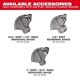 The image displays three metal bending shoes labeled as accessories for the M18 FUEL™ BRANCH CONDUIT BENDER w/ AUTO-ZERO™. They are: 3/4" EMT / 1/2" RMC (49-16-0034), 1/2" EMT (49-16-0012), and 1" EMT / 3/4" RMC (49-16-0001).