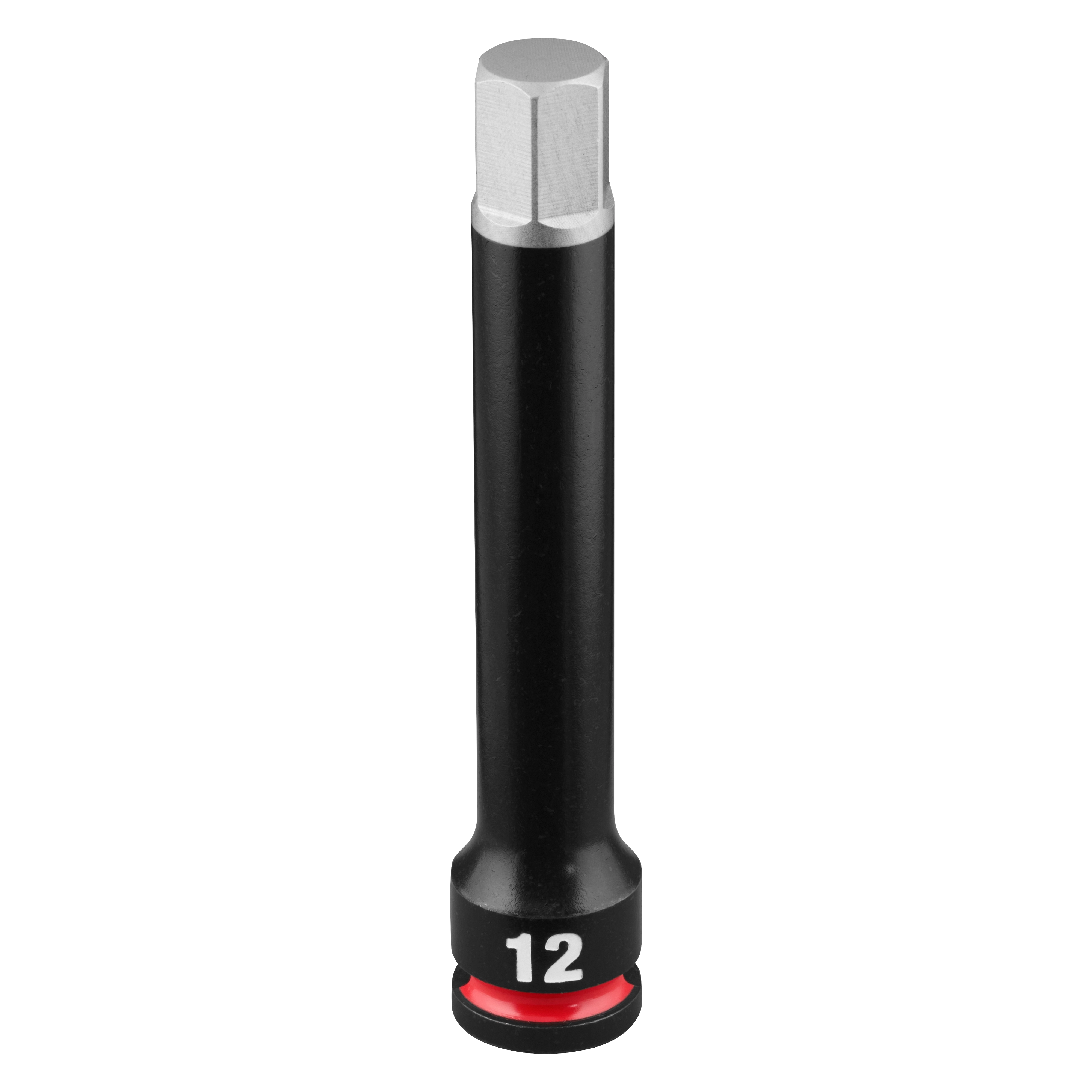 SHOCKWAVE Impact Duty 3/8" Drive 4" Hex 12mm Bit Socket standing upright with "12" marked near the base.