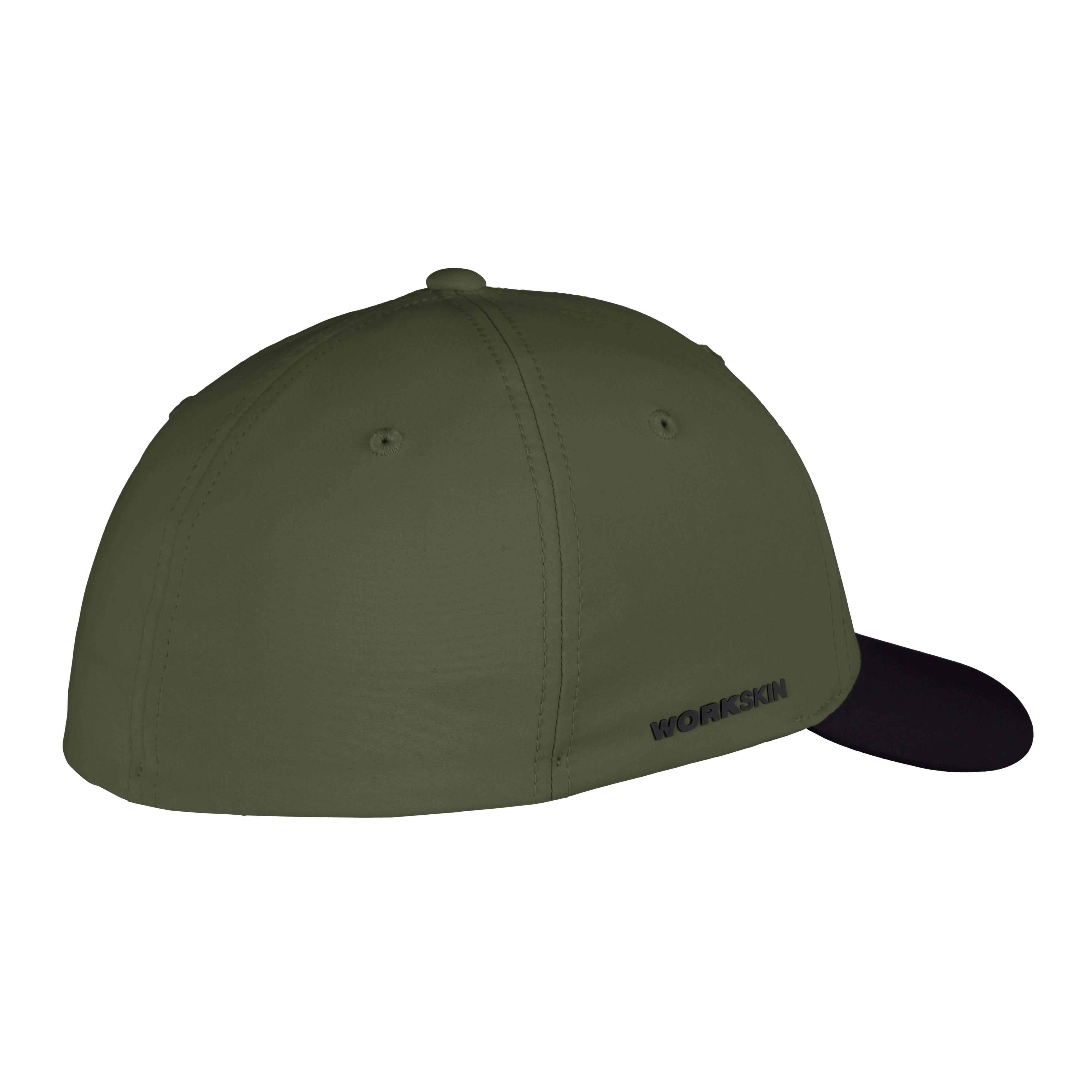 WORKSKIN Performance Fitted Hat in olive green with black brim, featuring stitch detailing and ventilation holes.