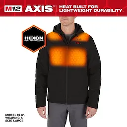 M12 Heated AXIS Jacket, featuring Hexon heat technology, worn by a 6' model in size large. Heat zones on chest and shoulders.