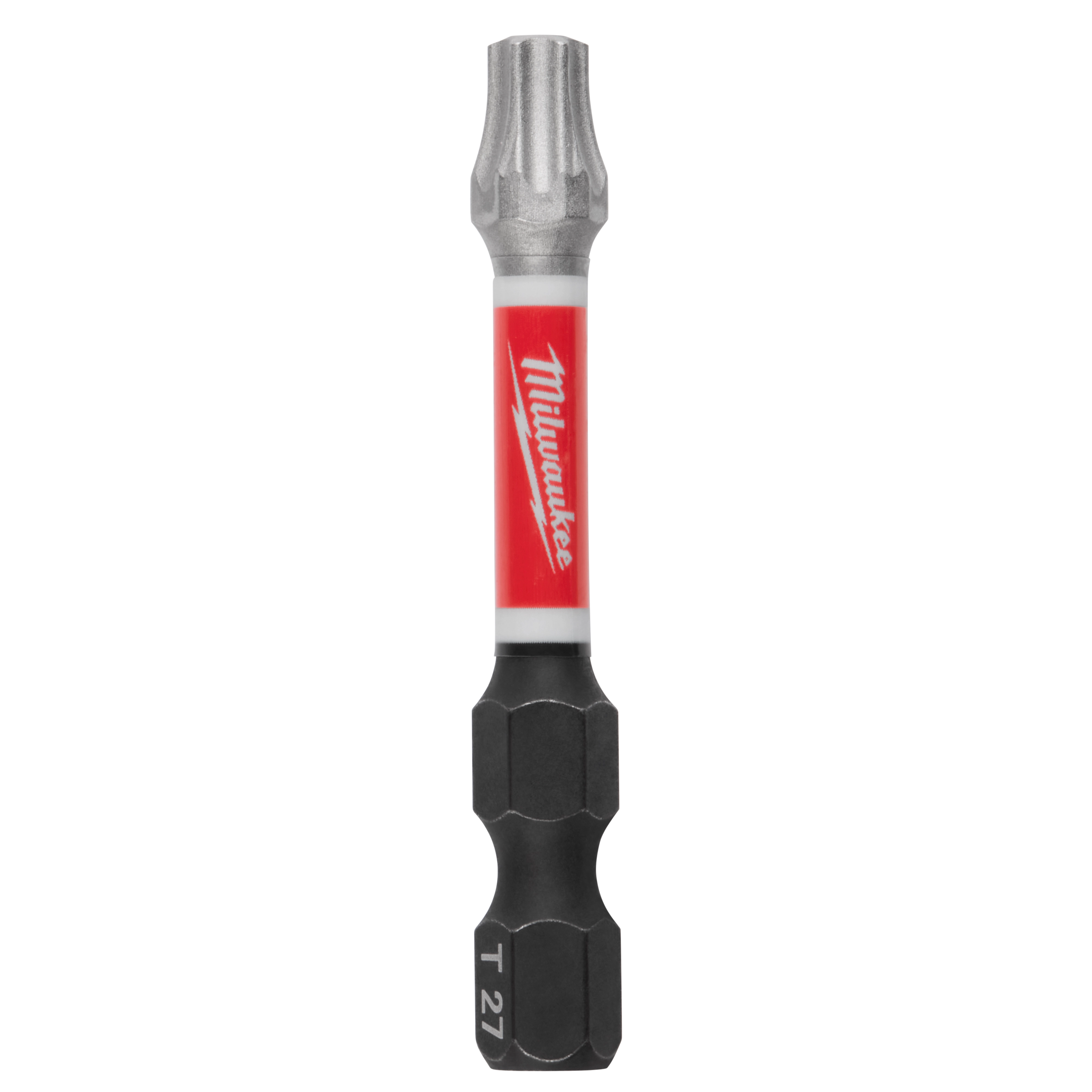 The image shows a SHOCKWAVE™ 2" Impact Duty TORX® T27 Power Bit. It features a red and black design with the Milwaukee logo in white on a red background. The T27 size is marked on the black portion of the bit.