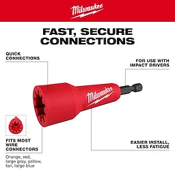 The Milwaukee Wire Nut Twister is red, designed for impact drivers, and allows quick connections. It fits most wire nuts including orange, red, large gray, yellow, tan, and large blue. The product promotes easier installation with less fatigue.