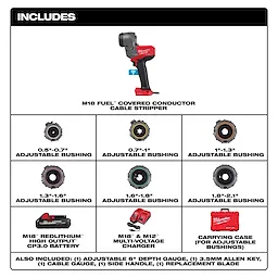 The M18 FUEL™ Covered Conductor Cable Stripper Kit includes the stripper tool, seven adjustable bushings, a high output CP3.0 battery, a multi-voltage charger, and a carrying case. Additional accessories include a 6” depth gauge, 3.5mm Allen key, cable gauge, side handle, and replacement blade.