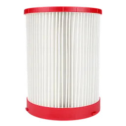 MILWAUKEE® Large Wet/Dry Vacuum HEPA Filter features white pleated filter material with red plastic caps on the top and bottom. It is cylindrical in shape and designed to capture fine dust, allergens, and other particles, ensuring a clean and healthy environment.