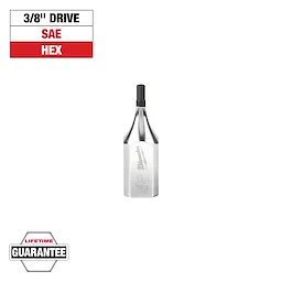The image shows a 3/8" drive SAE hex bit from Milwaukee. It features a chrome body with a black hex tip. The upper left corner indicates "3/8" DRIVE," "SAE," and "HEX." The bottom left corner has a "Lifetime Guarantee" badge.
